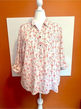 Coral Bay Woman 2X Flamingo Print Roll Tab Sleeve Tunic Henley Top